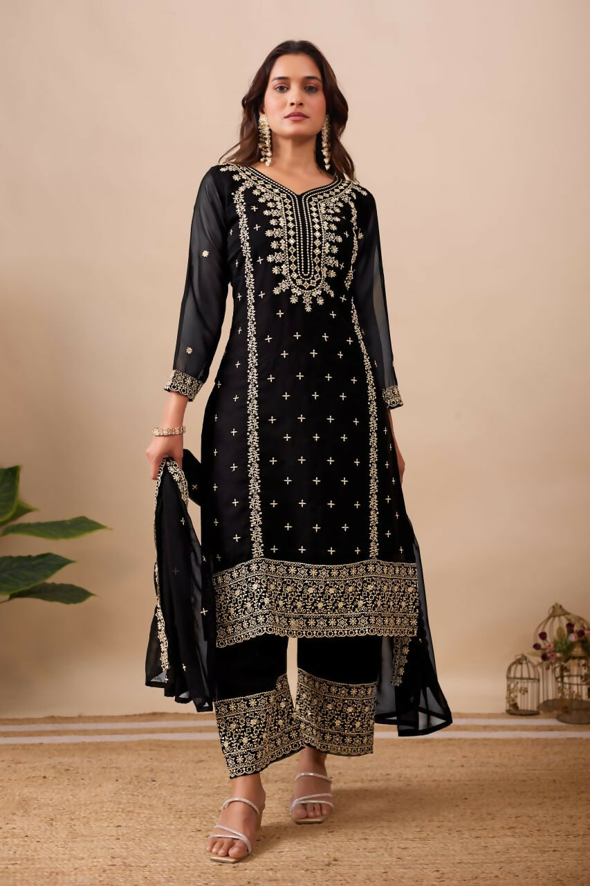 Joban Fashion Black Kurta Set Velvet Embroidery Sequence Work