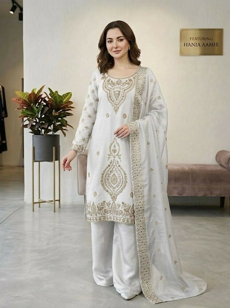 Teeya Creation White Color Gimmychu Silk Embroidery Work Wedding Wear Salwar Suit