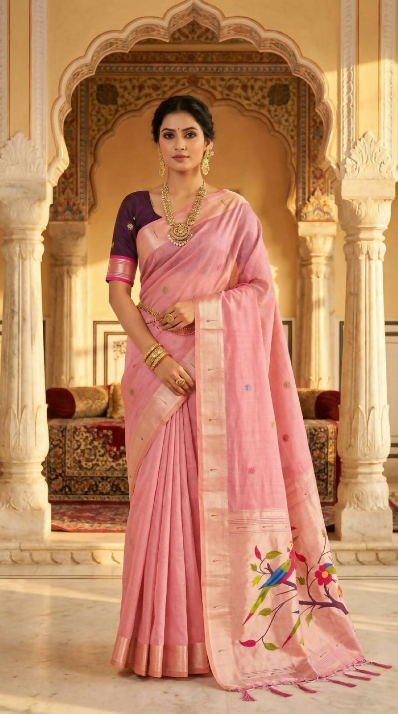Vastranavya Pink Muga Cotton Meenakari & Munia Weaving Pallu Saree with Contrast Blouse