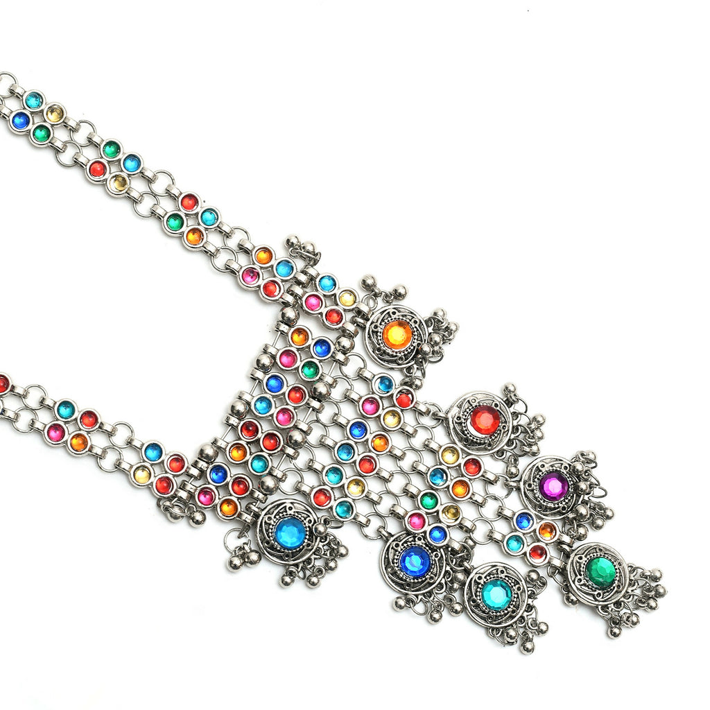 Mominos Fashion Johar Kamal Oxidised Silver-Plated Brass Finish Multi Kundan Afghani Long Necklace For Women
