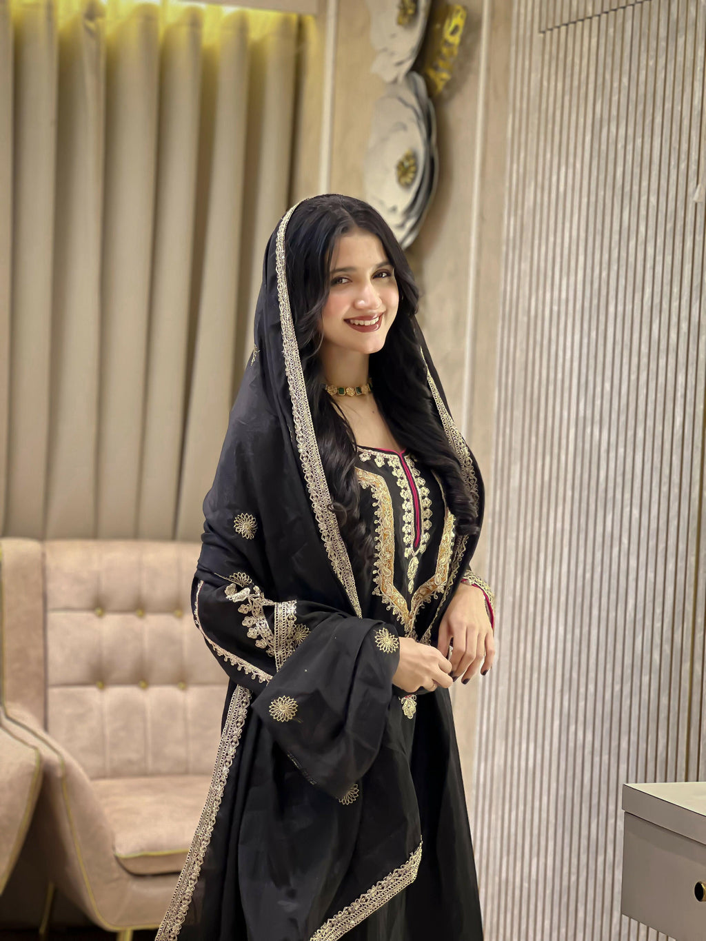 Teeya Creation Black Color Chinon Silk Party Wear Trending Palazzo Set