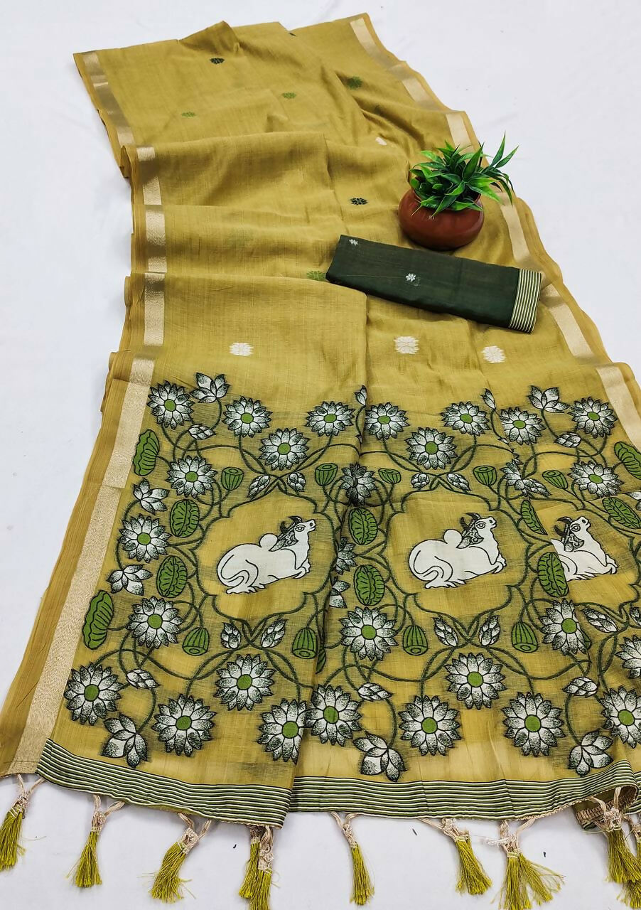 Vastranavya Yellow Muga Cotton Meenakari & Azarakh Pallu Saree with Contrast Blouse
