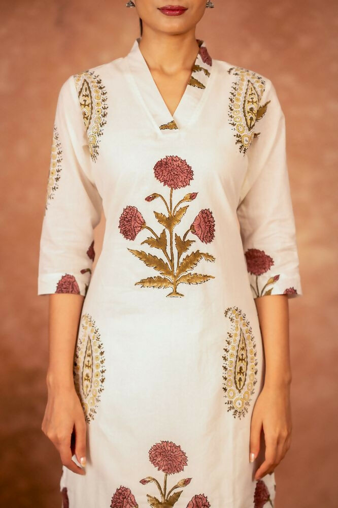 Joban Fashion Off White Red Floral Hand Block Printed Cotton Kurta Pant Set