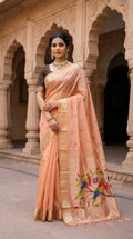 Vastranavya Peach Muga Cotton Meenakari & Munia Weaving Pallu Saree with Contrast Blouse