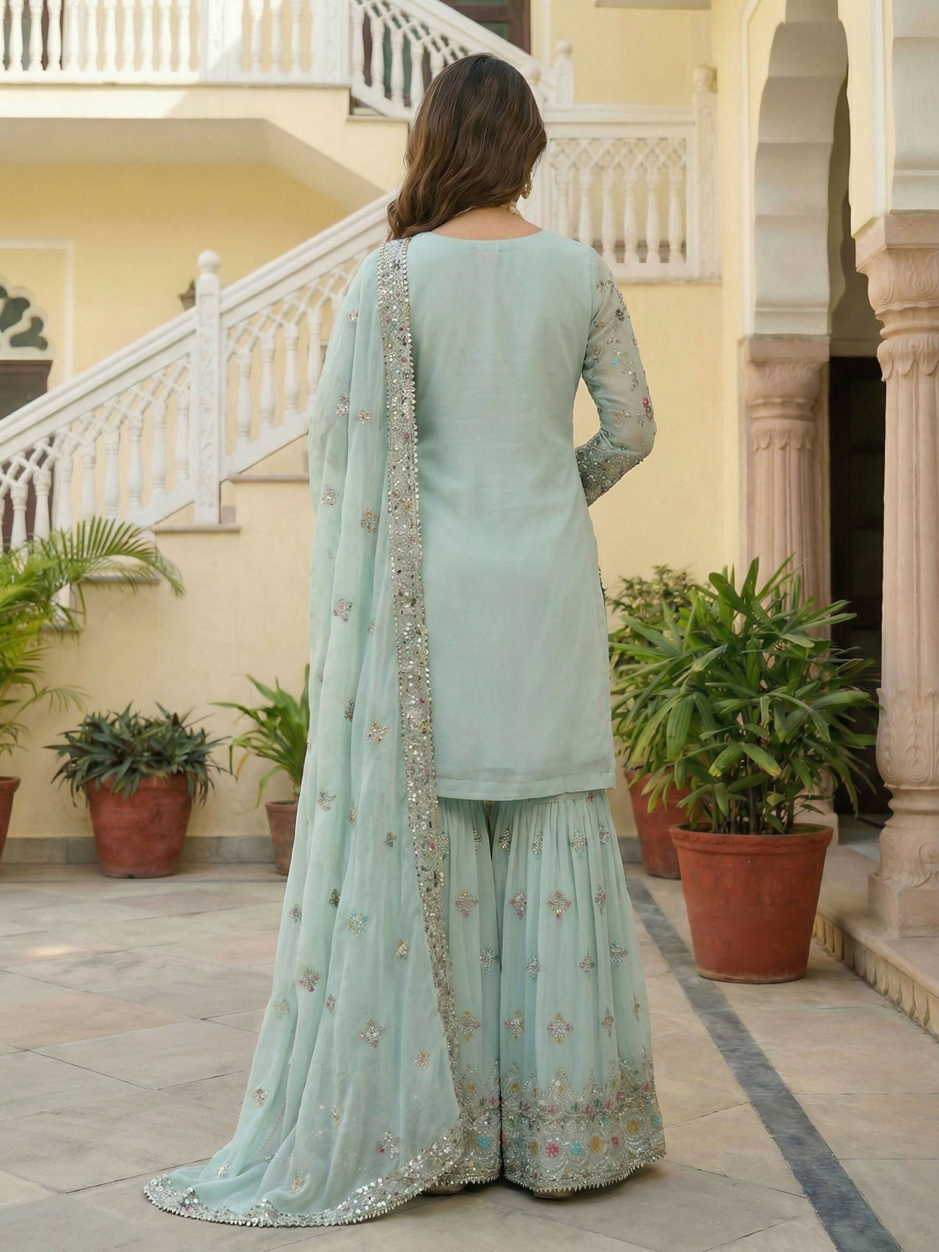 Joban Fashion Sky Georgette Embroidered Sharara Set