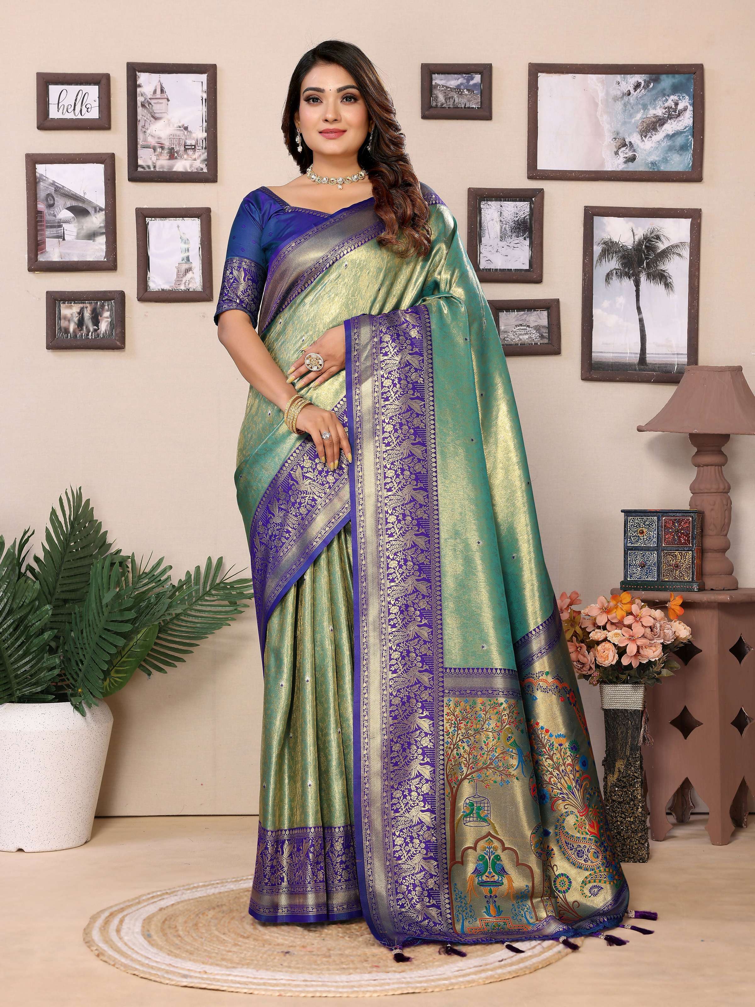 Aastha Fashion Green Tissue Silk Weaving Saree
