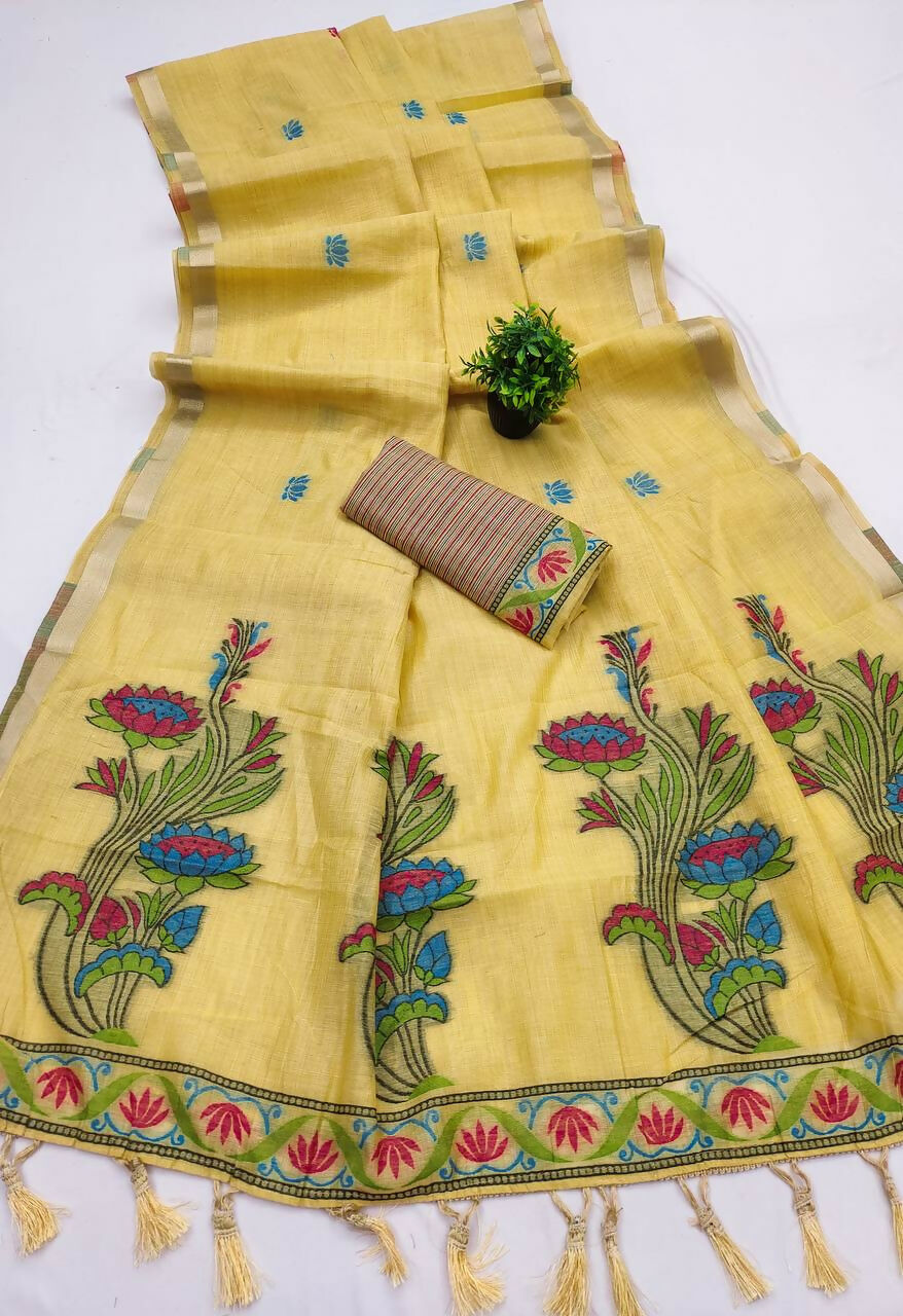 Vastranavya Yellow Muga Cotton Meenakari & Azarakh Pallu Saree with Contrast Blouse