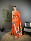 Joban Fashion Orange Peacock & Floral Motifs Soft Silk Kanchipuram Saree