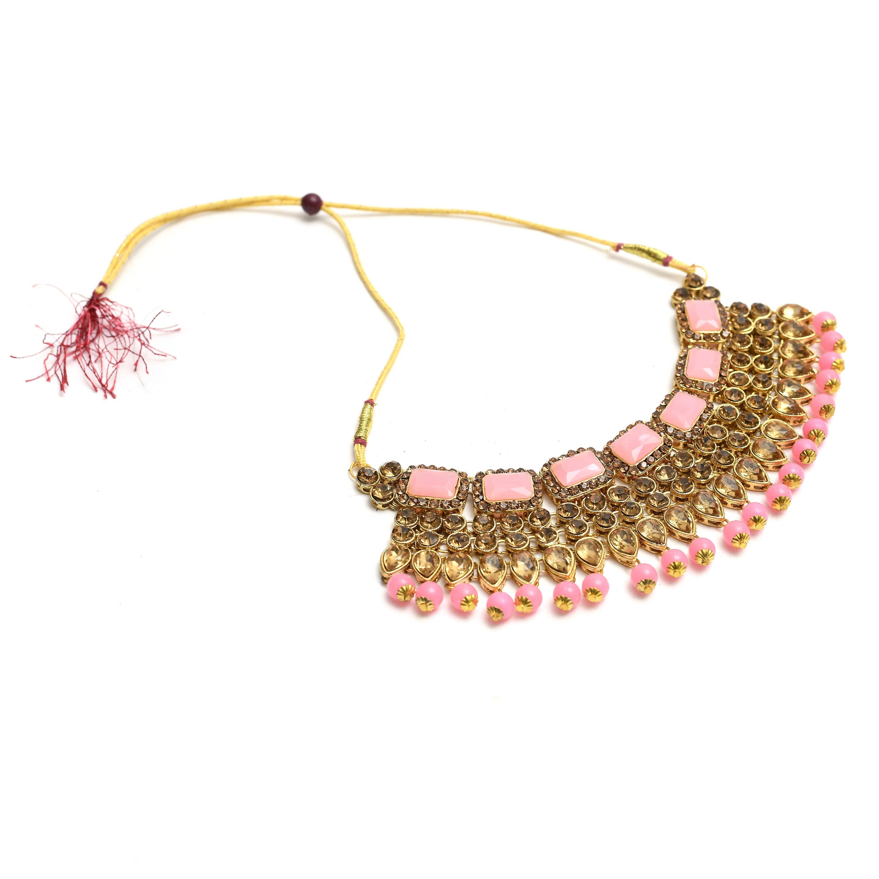 Mominos Fashion Johar Kamal Gold-Polished Brass Finish Kundan/Stone Choker For Women (Baby Pink)