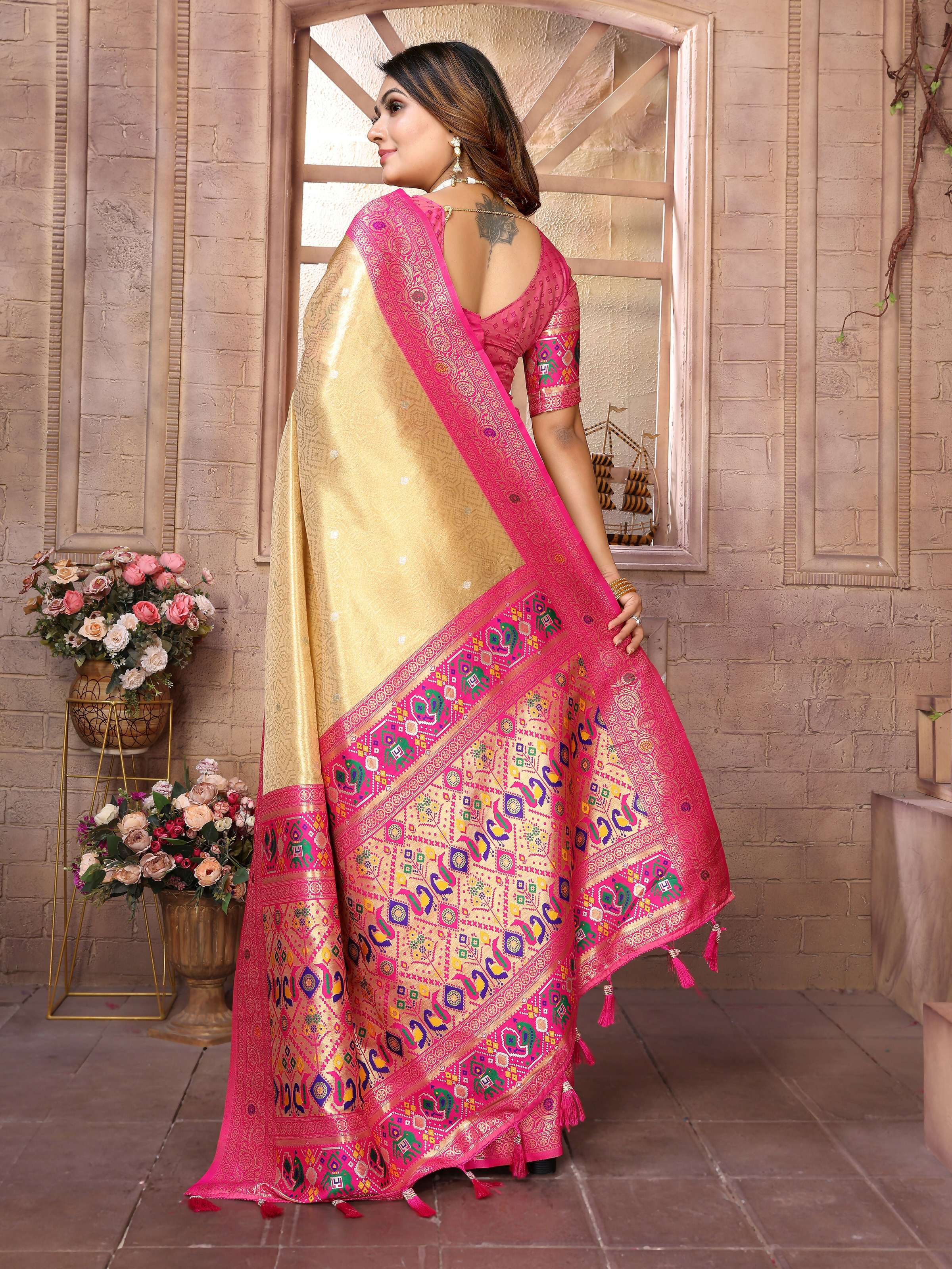 Aastha Fashion Cream Banarasi Tissue Silk Weaving Saree