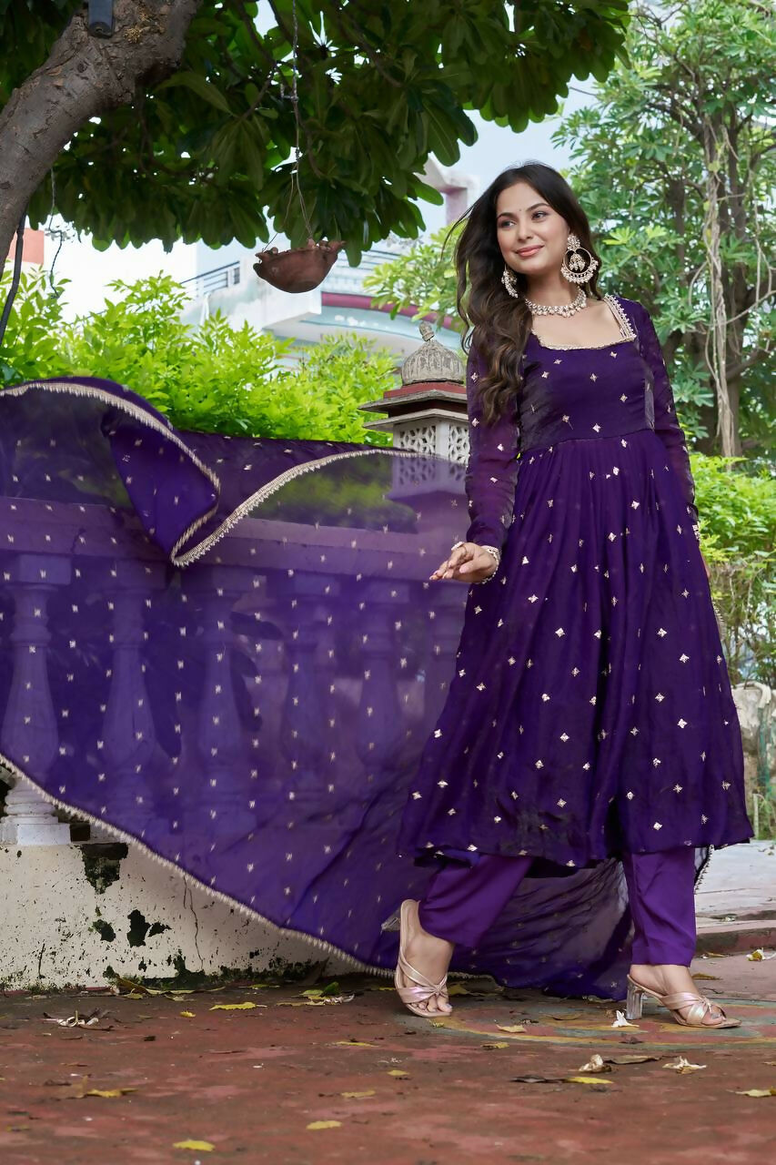 Lehenga Mart Designer Anarkali Suit With Kurta, Pant, Dupatta For Women-Violet