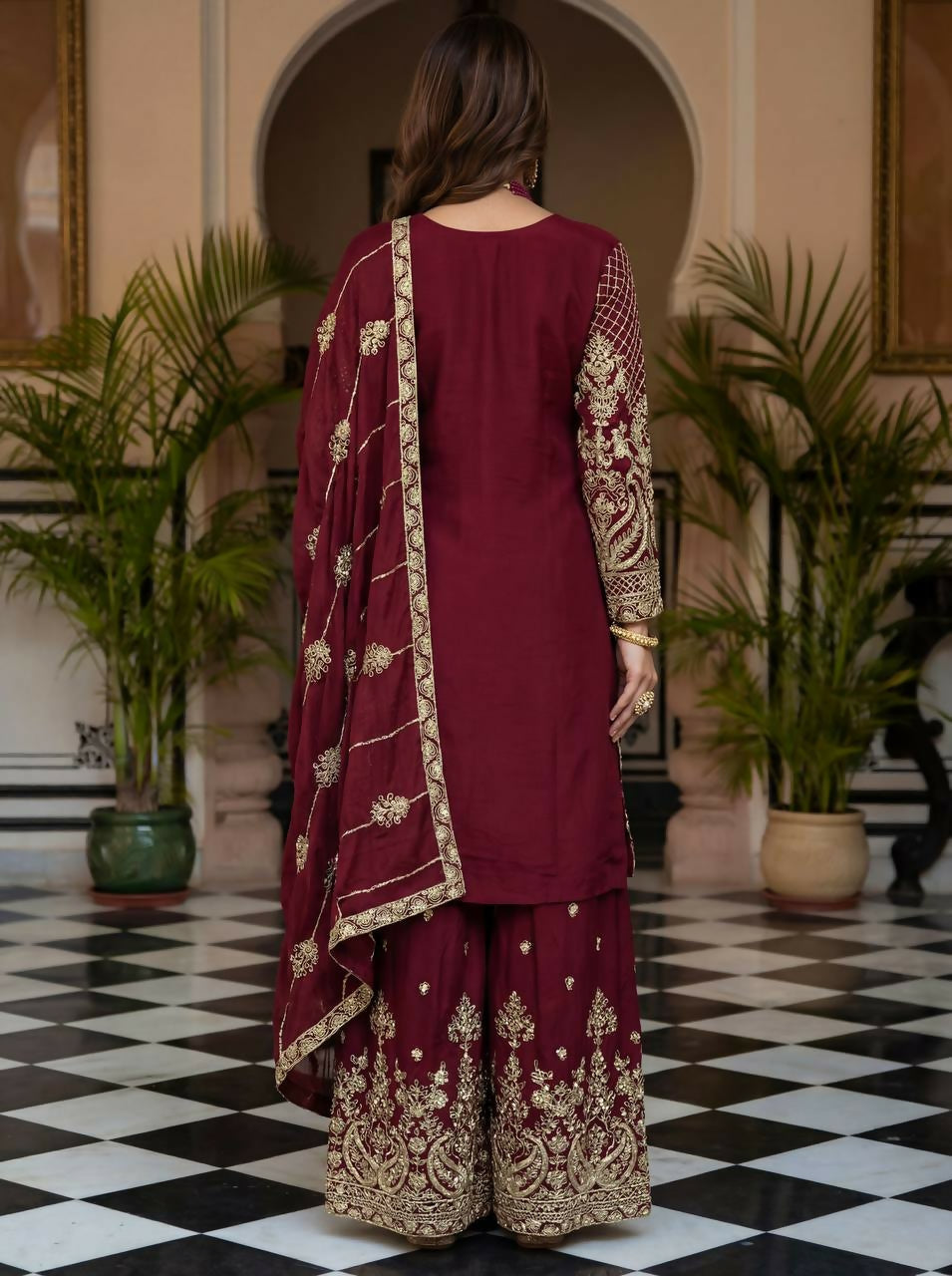 Teeya Creation Maroon Chinon Silk Designer Wedding Wear Embroidery Work Palazzo