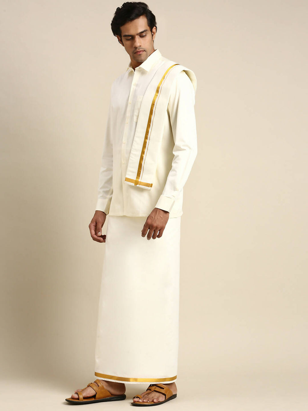 Ramraj Cotton Premium Wedding Cream Regular Dhoti, Shirt & Towel Set Golden Reward