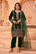 Joban Fashion Green Kurta Set Velvet Embroidery Sequence Work