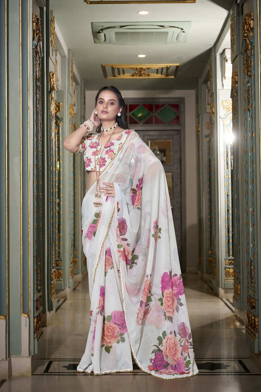 Vastranavya White Spectacular Georgette Printed with Pearl Lace Saree with Unstitched Blouse
