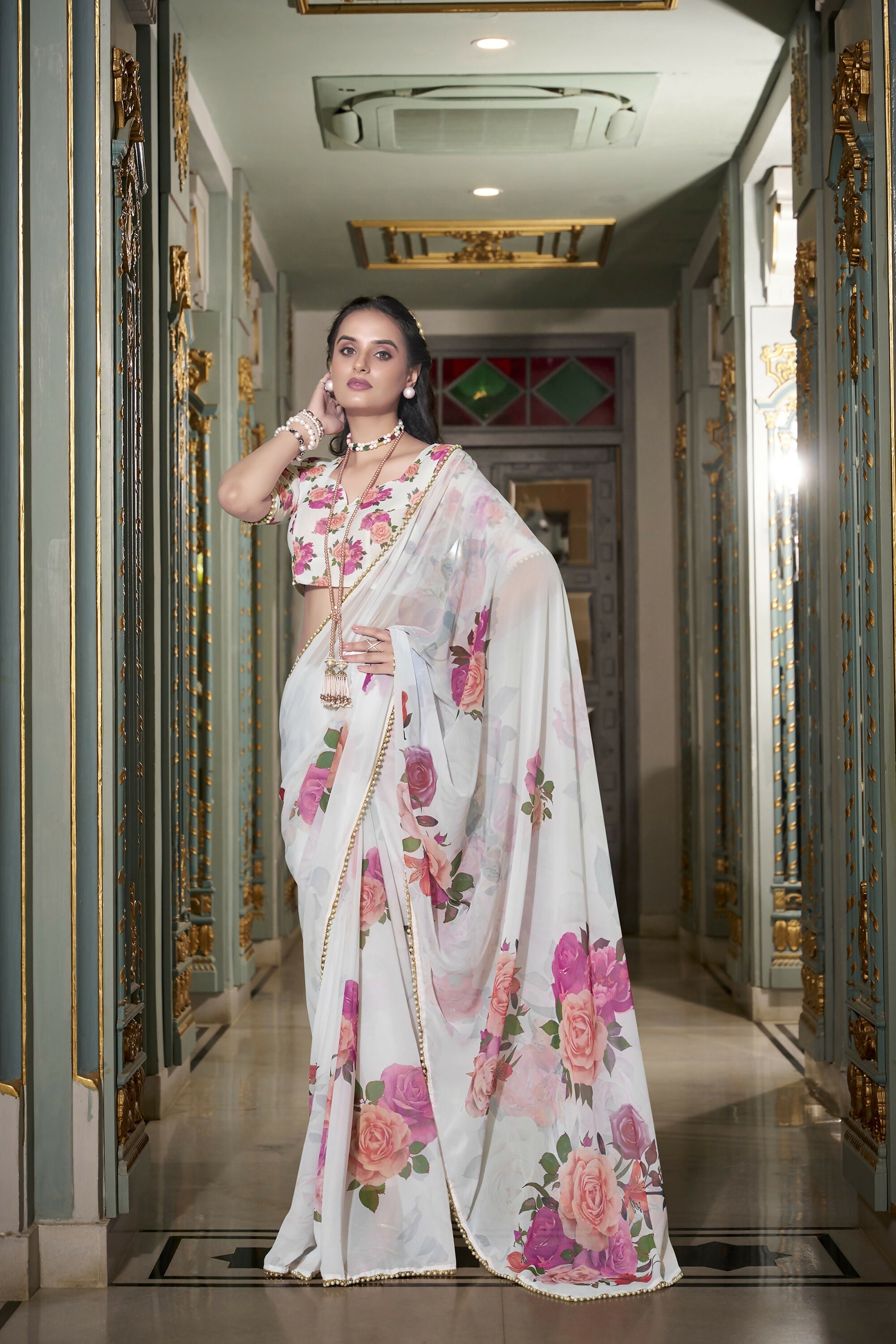 Vastranavya White Spectacular Georgette Printed with Pearl Lace Saree with Unstitched Blouse
