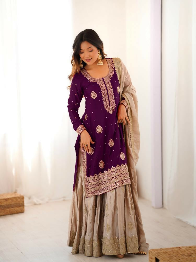 Lehenga Mart Designer Sharara Suit With Kurta, Sharara, Dupatta For Women-Wine