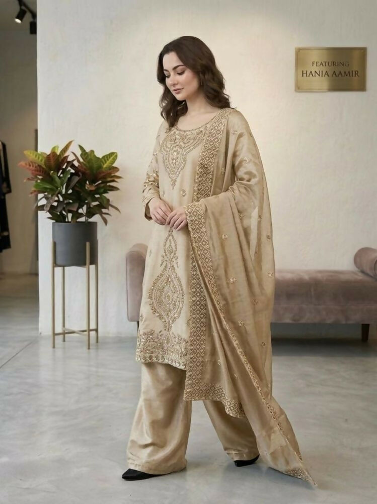 Teeya Creation Cream Color Gimmychu Silk Embroidery Work Wedding Wear Salwar Suit