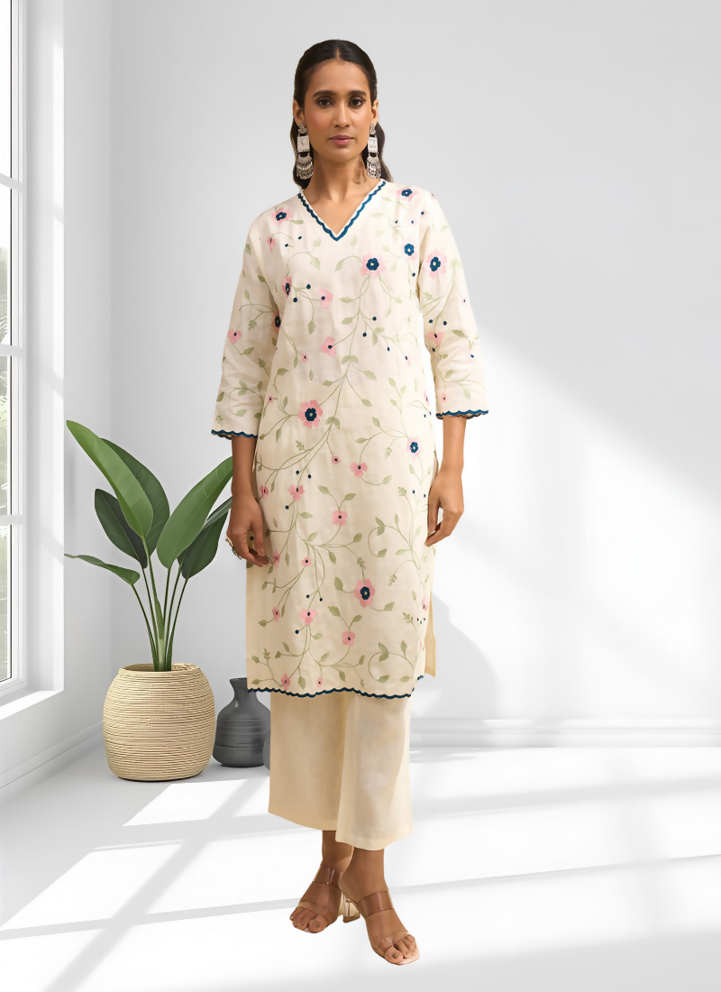 Joban Fashion Cream Linen Embroidered Readymade Long Kurta With Pant