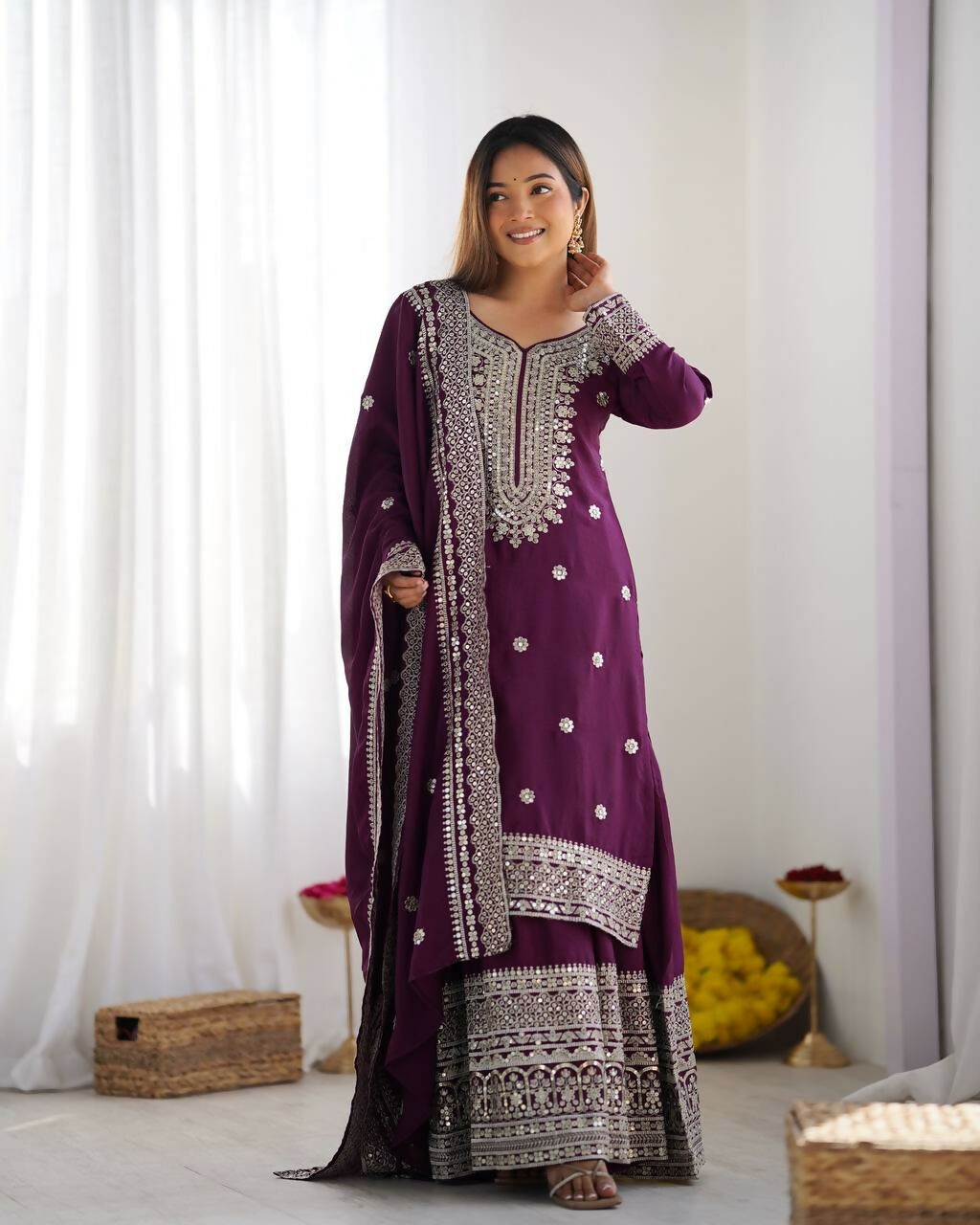Joban Fashion Wine Kurta Set Silk Sequins , Zari, Coding & Thread Embroidered work
