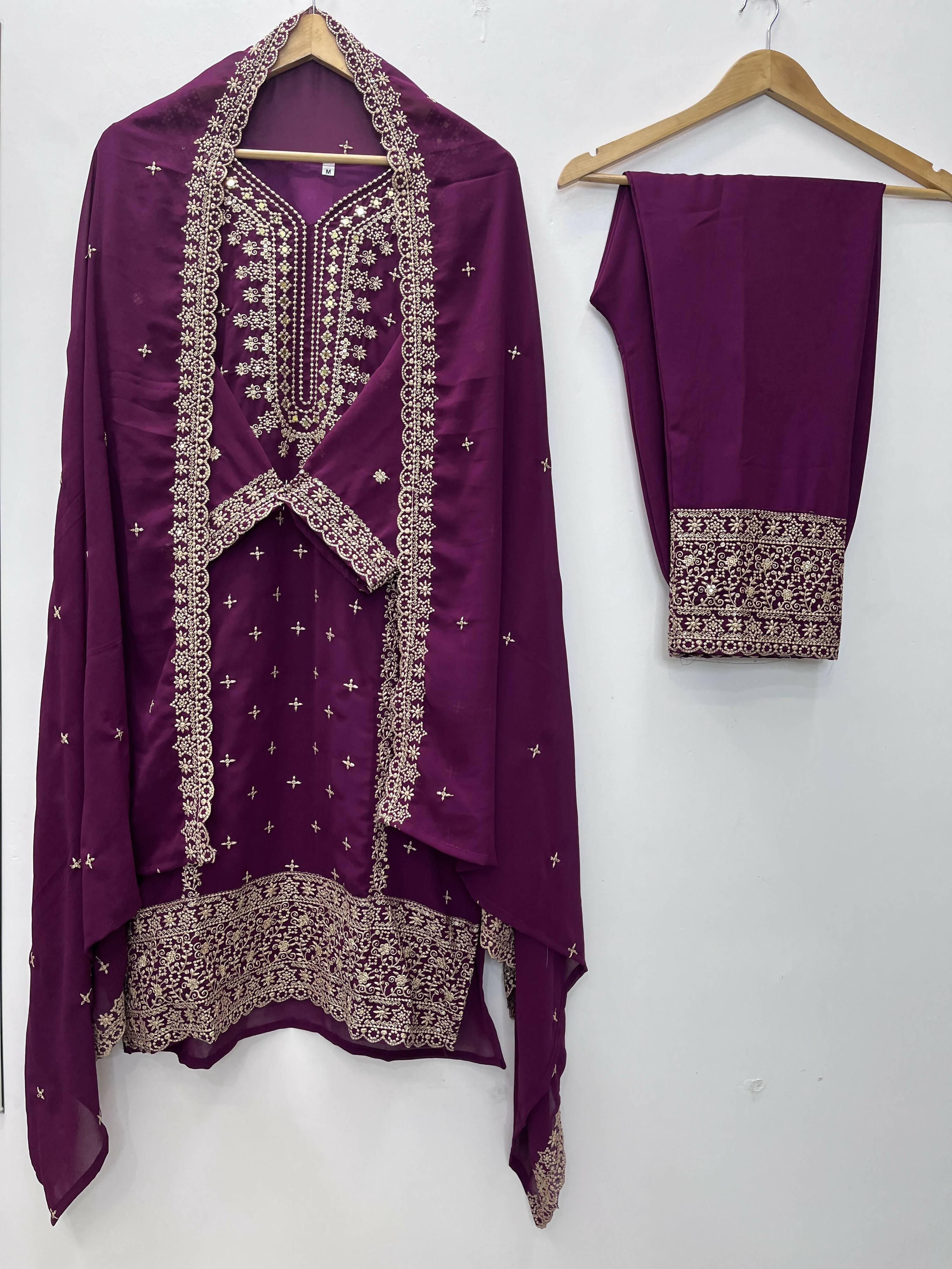 Teeya Creation Wine Color Faux Georgette Embroidery Work Party Wear Salwar Suit