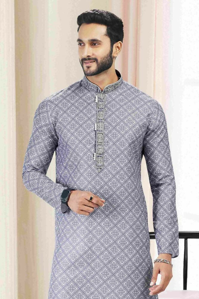 Raivat Ethnic Cotton Thread Work Kurta Pajama In Grey Colour