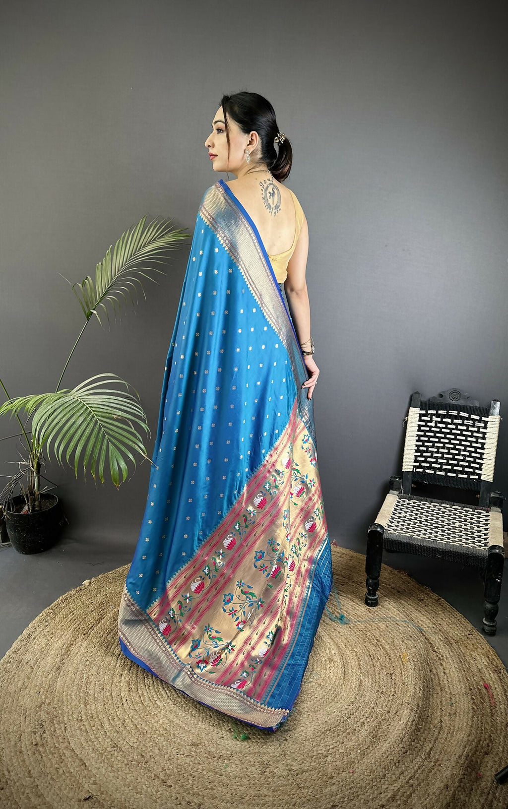 Joban Fashion Blue Butti Woven Soft Lichi Silk Paithani Saree