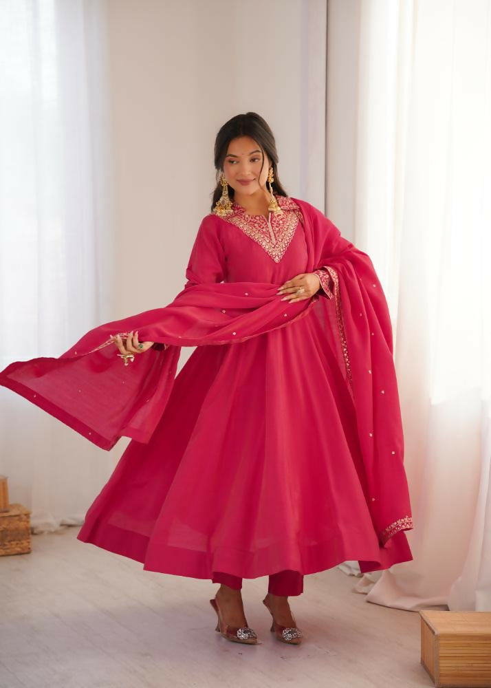Lehenga Mart Designer Anarkali Suit With Kurta, Pant, Dupatta For Women-Rani Pink