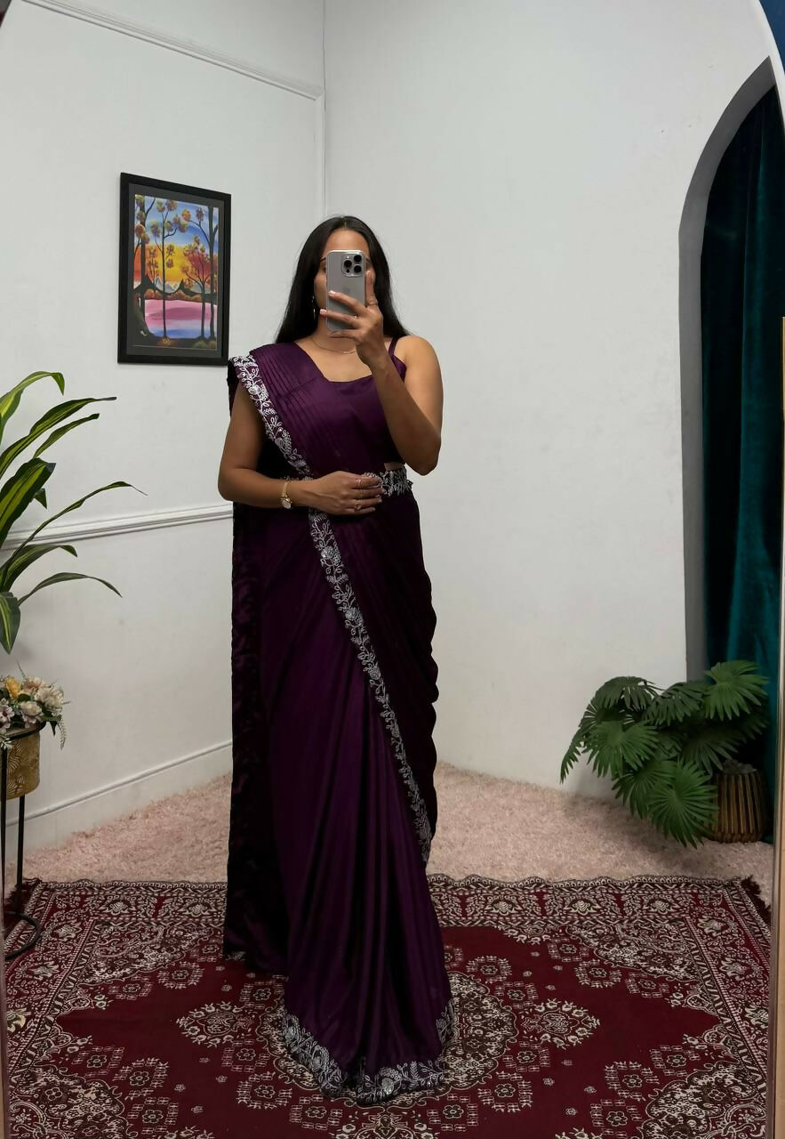 Teeya Creation Wine Color Chinon Silk Wedding Wear Ready To Wear Saree With Koti