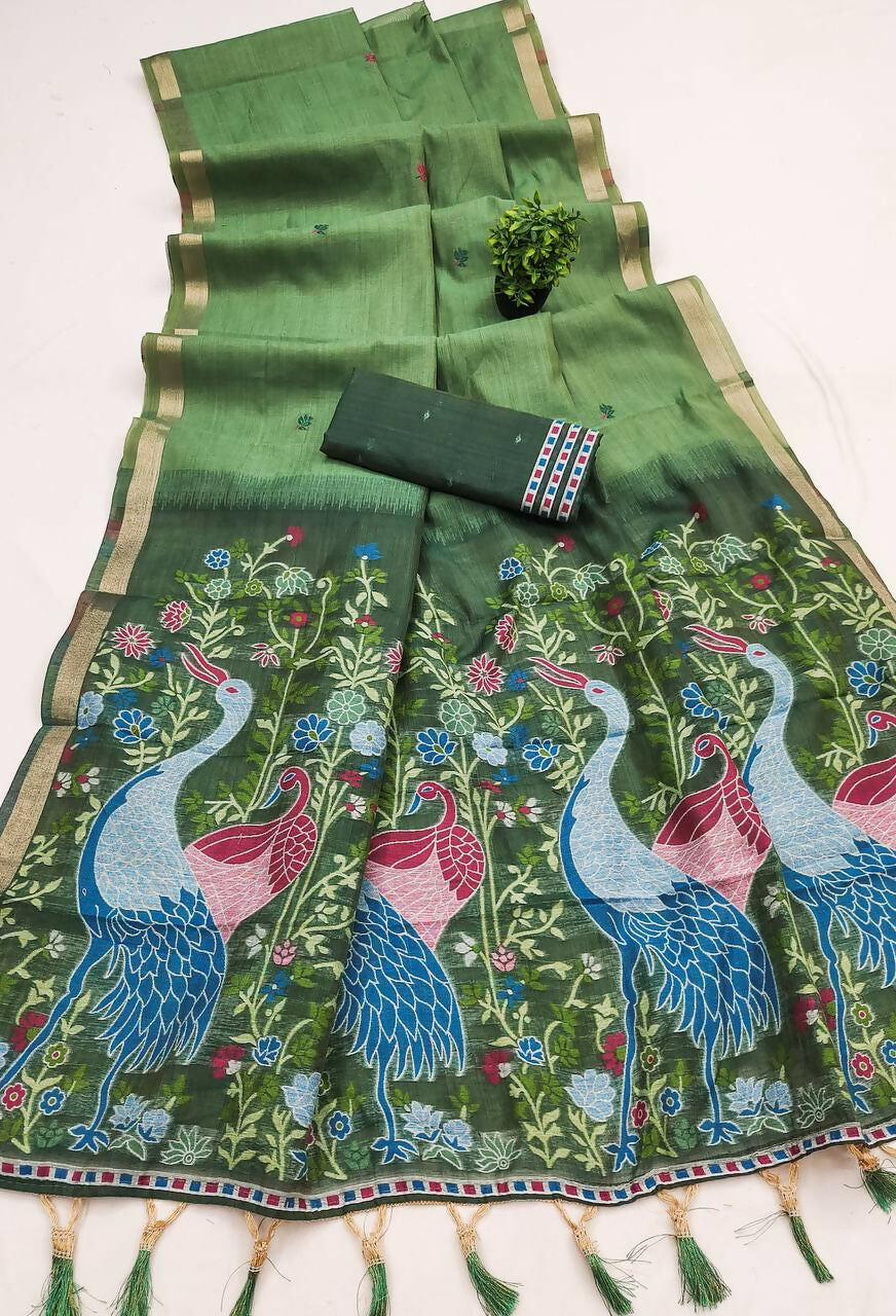 Vastranavya Pista Muga Cotton Meenakari & Azarakh Pallu Saree with Contrast Blouse