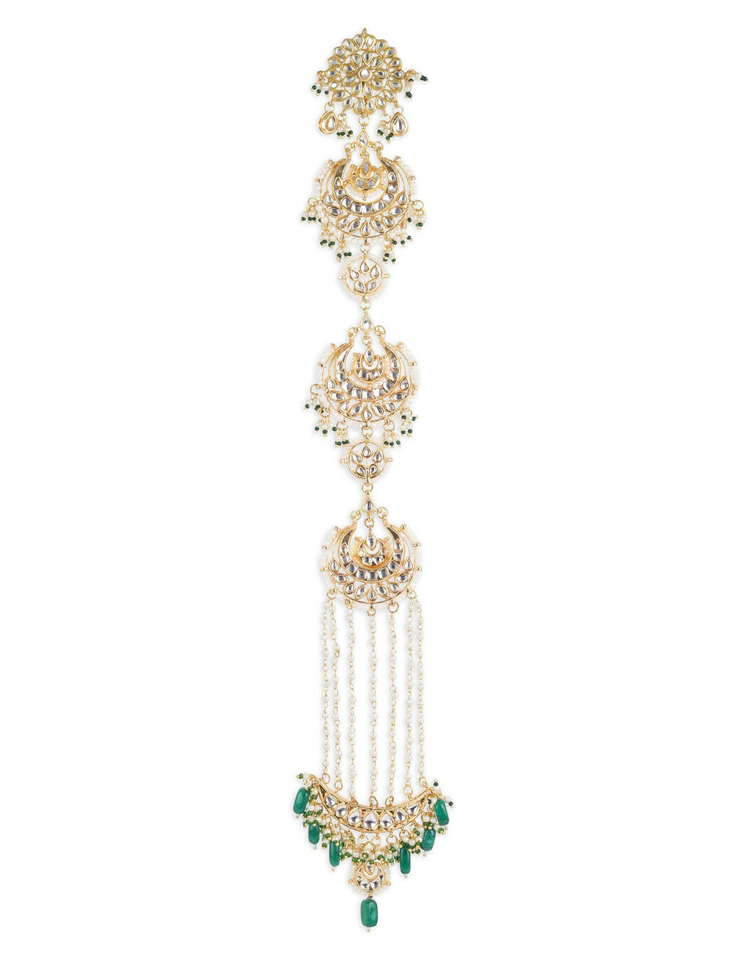 Gold-Polished Green Kundan Stone-Studded Head Chain - Ruby Raang