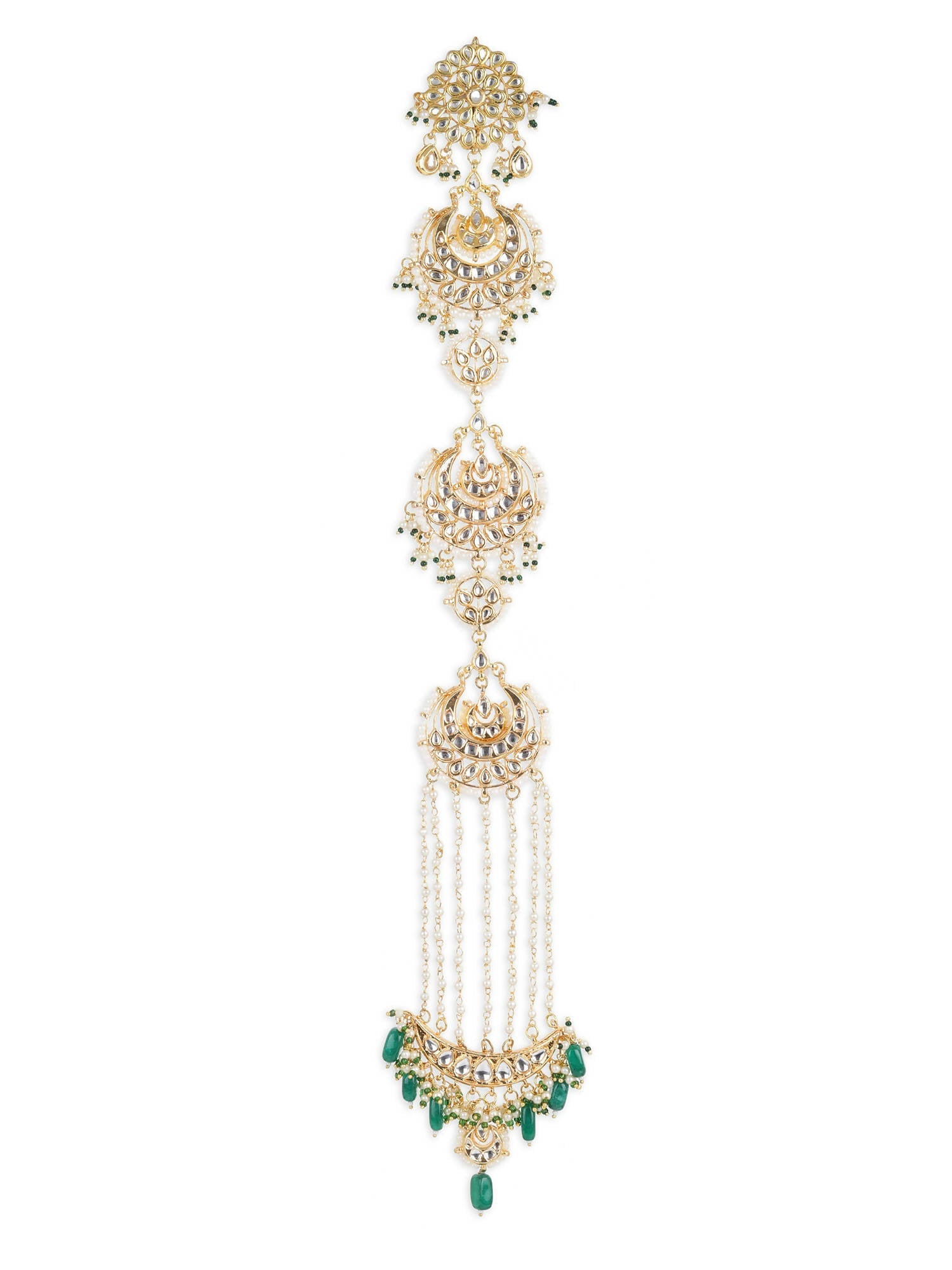 Gold-Polished Green Kundan Stone-Studded Head Chain - Ruby Raang