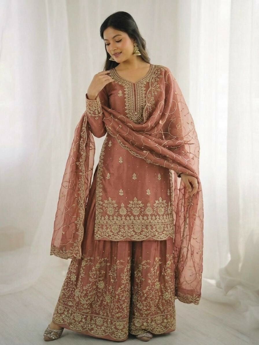 Teeya Creation Peach Color Gymmi Silk Embroidery Work Wedding Wear Sharara Set