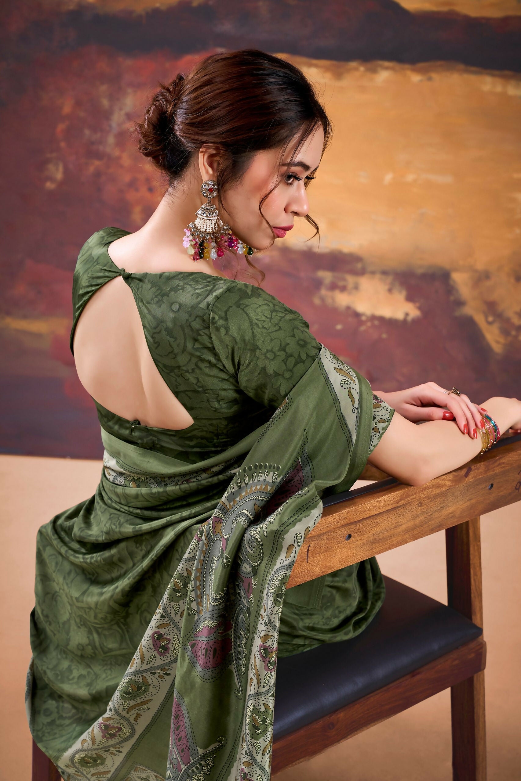 Vastranavya Mehendi Crepe Printed Saree with Unstitched Blouse