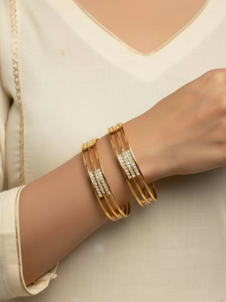 NVR Women Set of 2 Gold Plated CZ Stone Kada Bangle