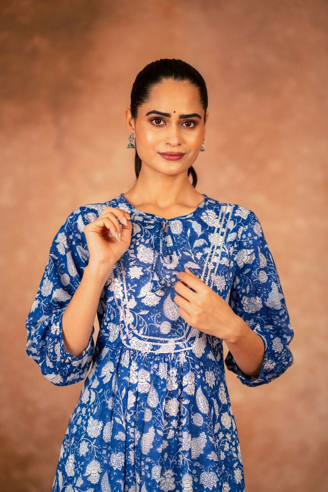 Joban Fashion Blue Floral Hand Block Printed Cotton Kurta Pant Set