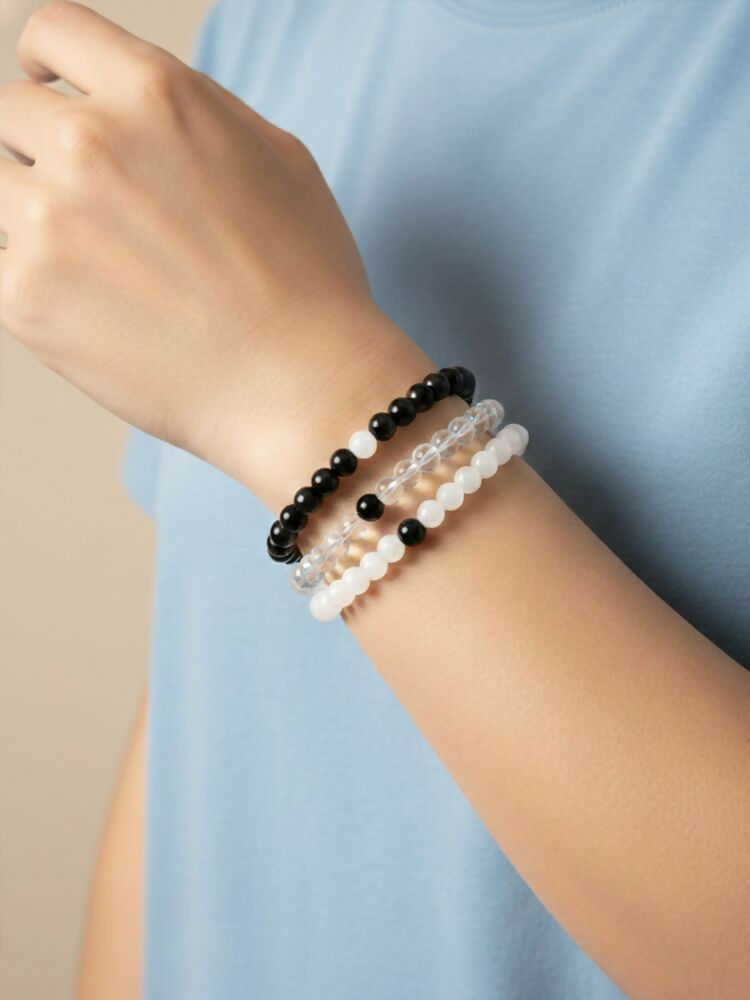 NVR Set of 3 Black & White crystal beaded Bracelet for Men & Women