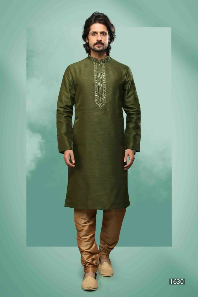 Raivat Ethnic Art Silk Mirror Embroidery Work Kurta Pajama In Green Colour