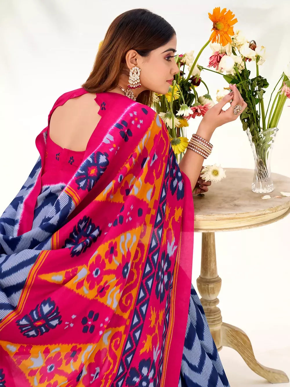 Vastranavya Blue Tussar Silk Zigzag Waves Printed Saree with Unstitched Blouse