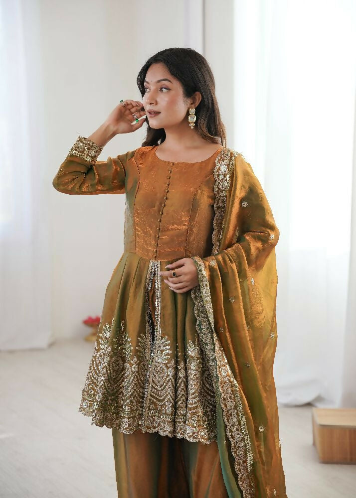 Teeya Creation Olive Color Fendy Satin Silk Embroidery Work Party Wear Salwar Suit
