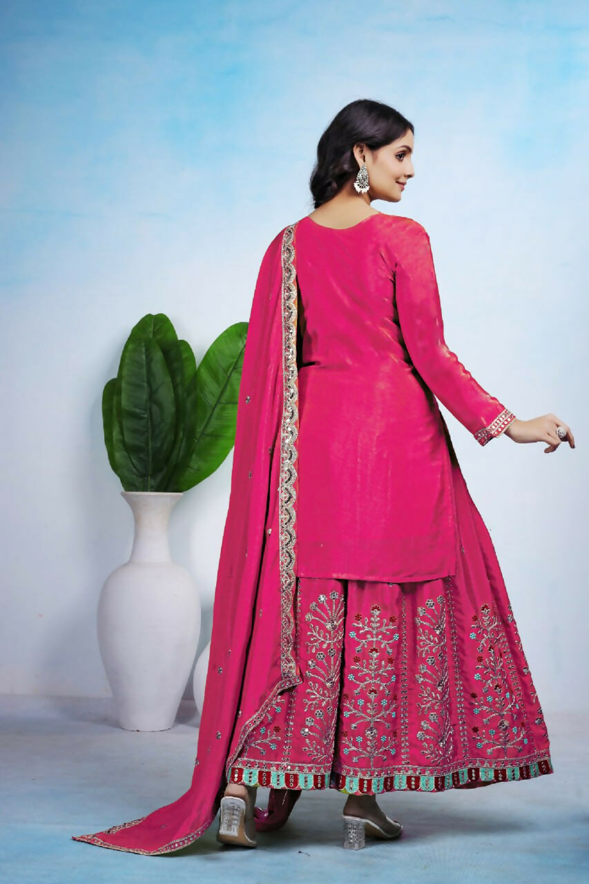 Teeya Creation Pink Color Chinon Silk Wedding Wear Trending Palazzo Set
