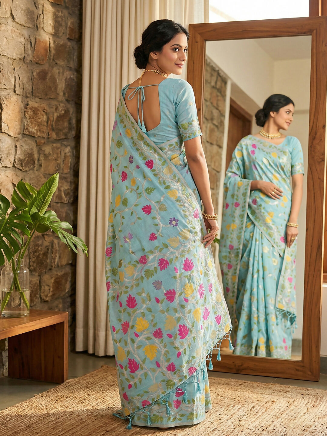 Shree Shyam Fashion Sky Blue Linen Cotton Saree