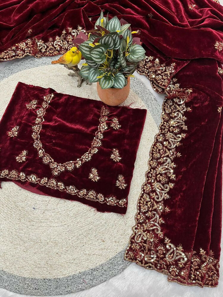 Joban Fashion Maroon 9000 Velvet Party Wear Sarees