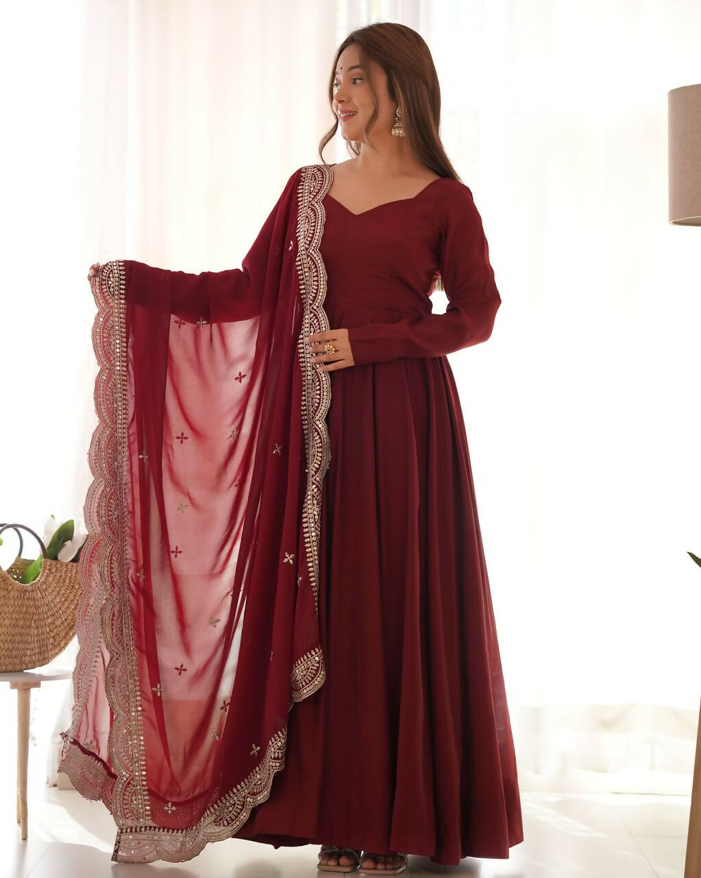 Lehenga Mart Designer Anarkali Suit With Kurta, Pant, Dupatta For Women-Maroon