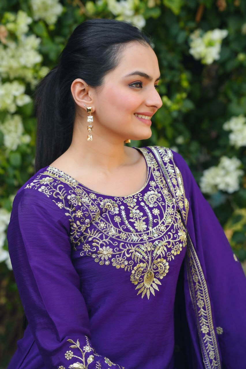 Teeya Creation Purple Color Chinon Silk Wedding Wear Trending Palazzo Set