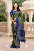 Prime Volt Women's Green & Blue Printed Mal Cotton Saree with Designer Blouse Piece