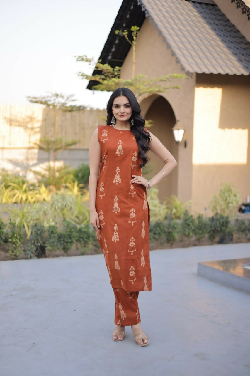 Teeya Creation Womens New Trendy Summer War Printed Cotton Gown Set-Orange