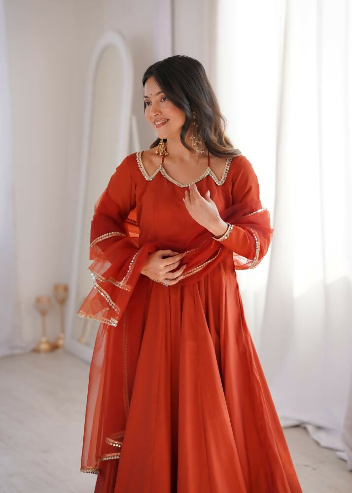 Lehenga Mart Designer Anarkali Suit With Kurta, Pant, Dupatta For Women-Rust