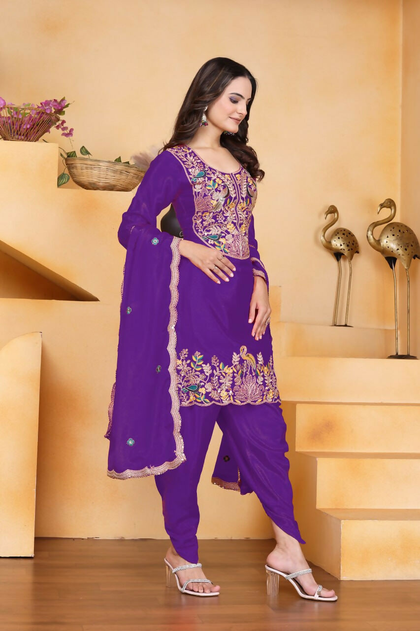 Teeya Creation Purple Color Chinon Silk Party Wear Punjabi Dhoti Suit