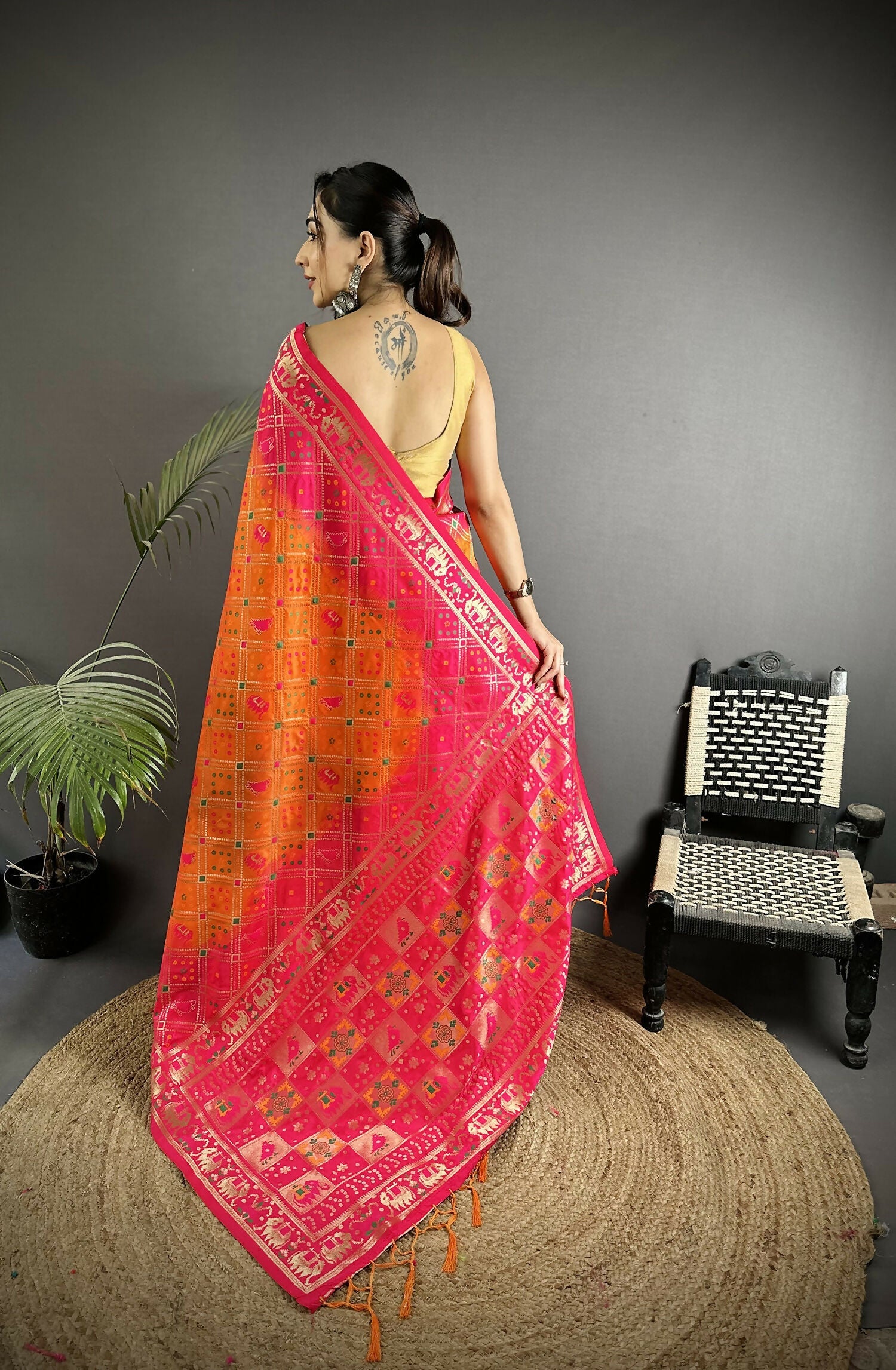 Joban Fashion Orange And Pink Geometric Pattern Soft Silk Patola Saree